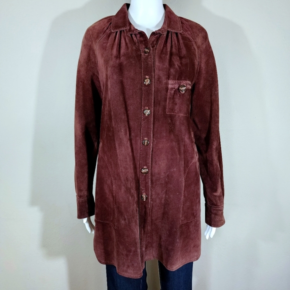 Fox Run Tops - VTG FOX RUN Burgundy Brown Suede Leather Button Down Shirt Jacket